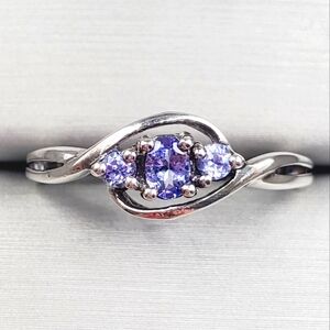 Genuine Oval & Round Tanzanite 925 Sterling Silver Three Stone Dainty Twist Ring